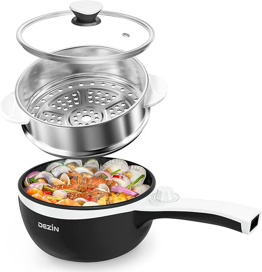 Dezin Hot Pot Electric with Steamer Upgraded, Non-Stick Sauté Pan, Rapid Noodles Electric Pot, 1.5L Mini Pot for Steak, Egg, Fried Rice, Ramen, Oatmeal, Soup with Power Adjustment
