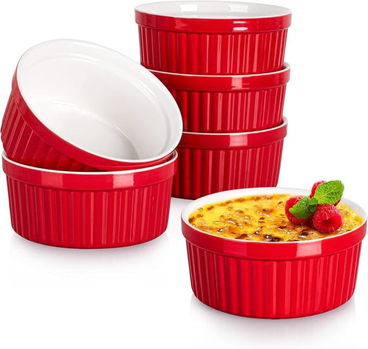 DELLING 12 oz Ramekins Set of 6 - Porcelain Creme Brulee Oven Safe Souffle Dishes, Ceramic Custard Cups for Baking, French Onion Soup Bowls - Red Ramekin Dessert Bowls, Dishwasher Microwave Safe