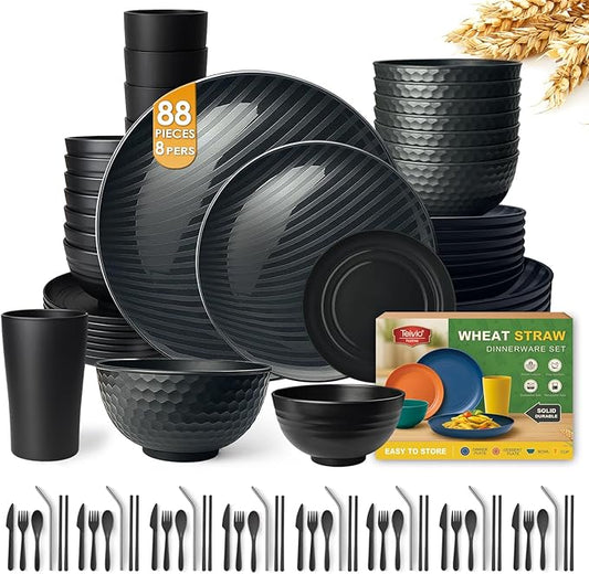 Teivio 88-Piece With Flatware Kitchen Plastic Wheat Straw Dinnerware Set for 8, Dinner/Dessert/Appetizer Plates, Cereal Fruit Bowls, Pasta Bowls, Cups, Unbreakable Dishwasher Safe Outdoor Dish, Black