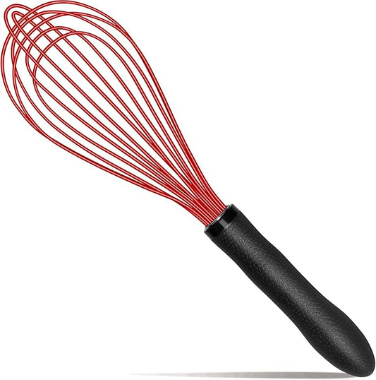 TEEVEA Silicone Whisk Non Scratch Wisking Tool, Metal Wire Stainless Steel Whisk - Small Mini Heat Resistant - Black & Red, 11-Inch