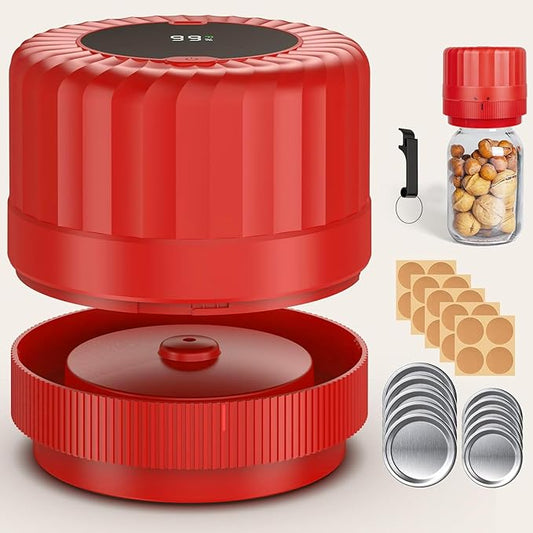 HTPOW Electric Mason Jar Vacuum Sealer - Fully Automatic Mason Jar Vacuum Sealer Kit for All Mason Jars with Regular Lids and Wide Mouth Lids, A Must-Have Tool for Canned Foods/Pantry - Red