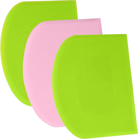 SURDOCA Dough Scraper Bench Scraper - 3P 9.5x6.1" Plastic Flexible Bowl Scraper, Sharp Edge & Angles Cake Scraper. Non-Slip Bakeware Decorating Tools Sculpting & Modeling Tools - Green+Pink+Green