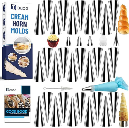 Cream Horn Molds for Baking, 38pcs Horn Forms Set, Non-stick Stainless Steel 30pcs Cone Shaped with Cleaning Brush, Piping Tip, Piping Bag, for ice Cream Cones, Puff Pastry, Baking Cones