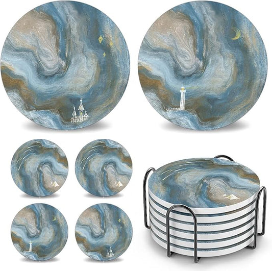 UMIRRO Coasters for Drinks Absorbent with Holder | Cool Table Mats in Ocean Blue for Cups, Glasses, Desk, Office and Home | Cute Ceramic Stoneware Coaster Set