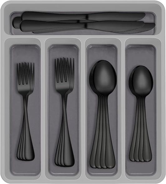 60-Piece Black Silverware Set with Organizer, AIVIKI Stainless Steel Flatware for 12, Cutlery Utensil Set for Home Restaurant, Tableware Includes Knife Fork Spoon Set, Mirror Polished