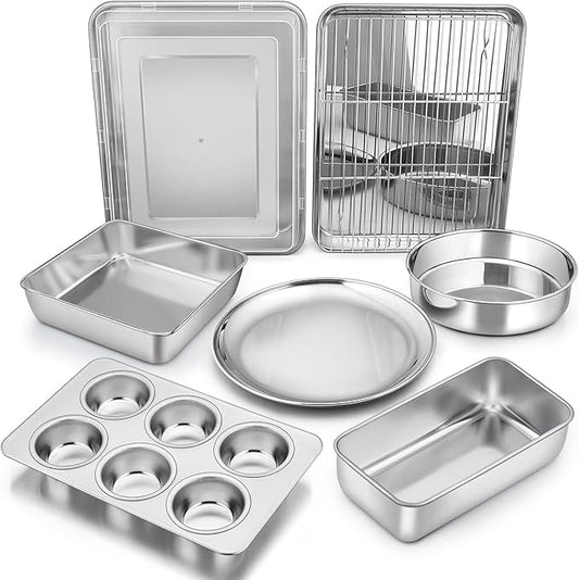 Bakeware Sets, P&P CHEF 9-Piece Stainless Steel Baking Pans Set, Round/Square Cake Pan, Toaster Oven Pan, Lasagna Pan, Loaf Pan, Pizza Pan, Muffin Pan, Dishwasher Safe & Durable, Healthy & Non-toxic