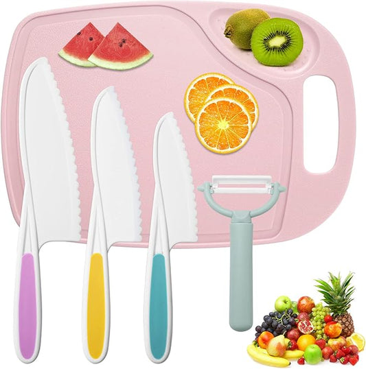 Plastic Fruit Knife Set with Cutting Board & Peeler: 5-Piece Safe Nylon Food-Grade Kitchen Kit for Safe Fruit & Veg Prep, Serrated Edges Lettuce Knife for Fruit, Bread, Cake, Salad