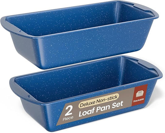 Nonstick Loaf Pan Set Pack of 2, 10.2" & 11" Large Baking Bread Pan, Oven Safe Up to 450°F, PFOA, PFOS, PTFE Free, Space Saving Stackable Design, Stain Resistant, Dishwasher Friendly, Blue Marble