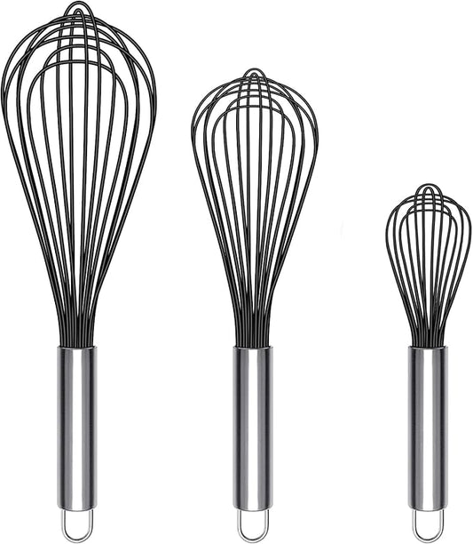 TEEVEA Silicone Whisk Set of 3 Non Scratch Non Stick Silicone Coated Stainless Steel Wire Whisks Heat Resistant 480°F Kitchen Wisk for Cooking Blending Whisking Tool Black