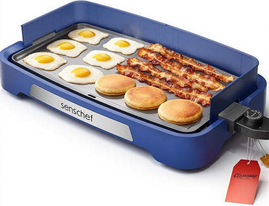 Cleansnap Everyday Electric Griddle,The Ultimate Gift for Family Feasts - 20” Nonstick Grill with Foldable Anti-Mess Shield, Rapid 1700W Heat&PPG Ceramic Coating, Dishwasher Safe, Ocean Blue