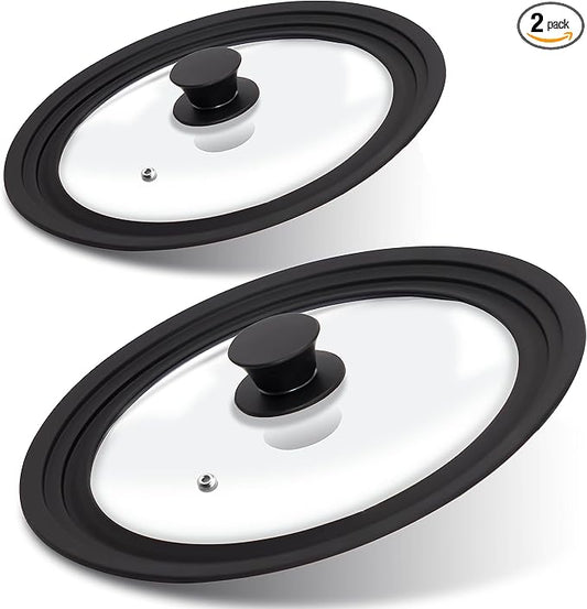 Lerykin Tempered Glass Lid Set of 2 - Universal Lids with Heat Resistant Silicone Rim for Pots, Pans and Skillets - Pan Cover Replacement Lids Fit 6.5", 7", 8" and 9.5", 10", 11" Diameter Cookware