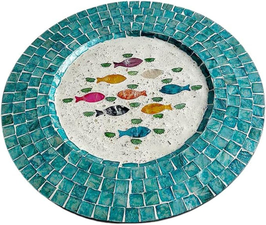 13 Inch Mother of Pearl Shell Placemat Plate – Large Round Decorative Heat for Table or Kitchen,Cabinet, Tabletop (Blue Colored Fish, 13 Inch)