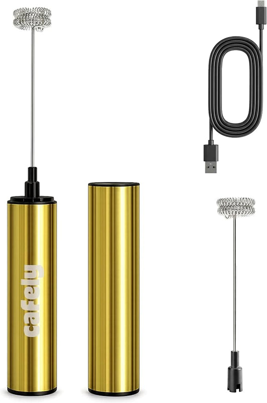 Premium Gold Milk Frother Handheld - USB Rechargeable Foam Maker with Dual Stainless Steel Whisks - Powerful Drink Mixer for Lattes & Matcha