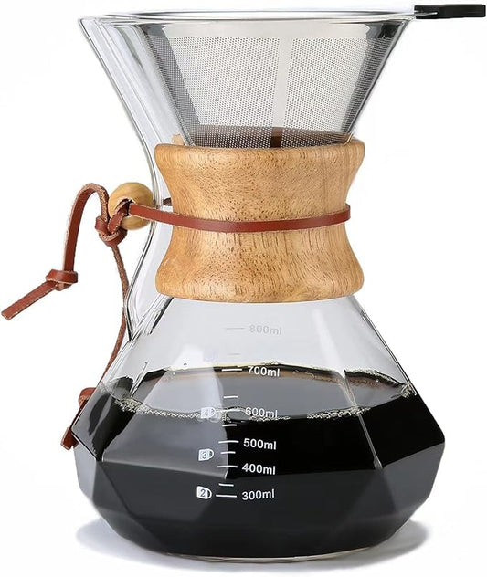 Lalord Pour Over Coffee Maker with Reusable Stainless Steel Filter, 27 oz Borosilicate Glass Coffee Carafe, Wooden Collar, Coffee Maker Carafe, Hold 4-6 Cups, 800 ml, Clear
