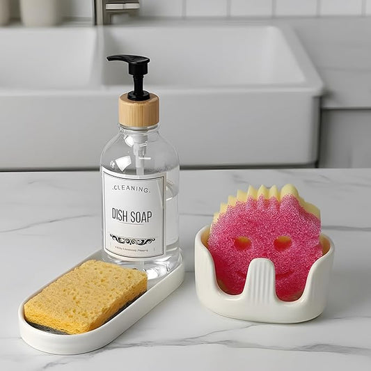 Ceramic Double Sponge Holder with Soap Tray, 2-Slot Countertop Sink Organizer, Modern White Kitchen Sponge & Dish Soap Holder, Rust-Free, Easy to Clean, Decorative Sink Caddy Set