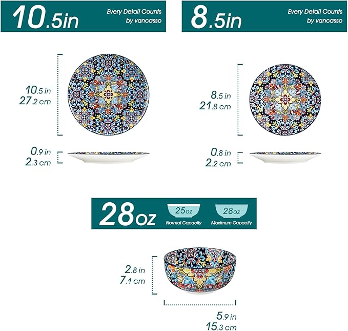 vancasso 12 Pieces Dinnerware Sets, Red Plates and Bowls Set, Porcelain Dishes Set for 4, Microwave and Dishwasher Safe, Scratch Resistant, Bohemian Style Dining Ware Service for 4, Series SIMI