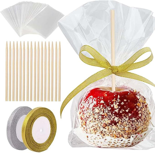 200 Pack Candy Apple Caramel Apple Sticks and Bags,100 Bags,100 Sticks, 50 Yard Gold and Silver Glitter Ribbon Caramel Apple Making kit