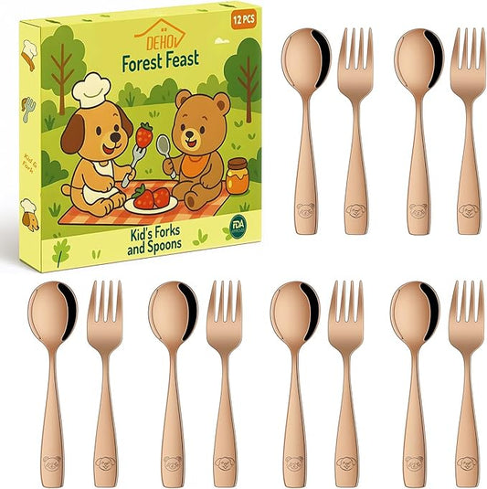 DEHOV Rose Gold Toddler Eating Utensils Set,Set Of 12 Food Grade Stainless Steel Silverware Sets For Kids,Dishwasher Safe Children Small Metal Spoons And Forks Flatware Sets