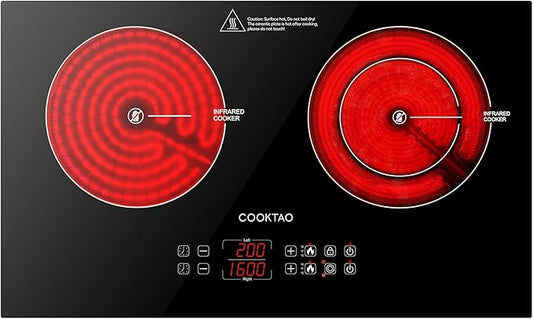Dual Coils Design of Double Burner Electric Cooktop, 1800W Commercial Ceramic Infrared Cooking Hot Plate, Portable Countertop or 24in Built-in Radiant Stove Top Cooker with WATT n TEMP Heating Control
