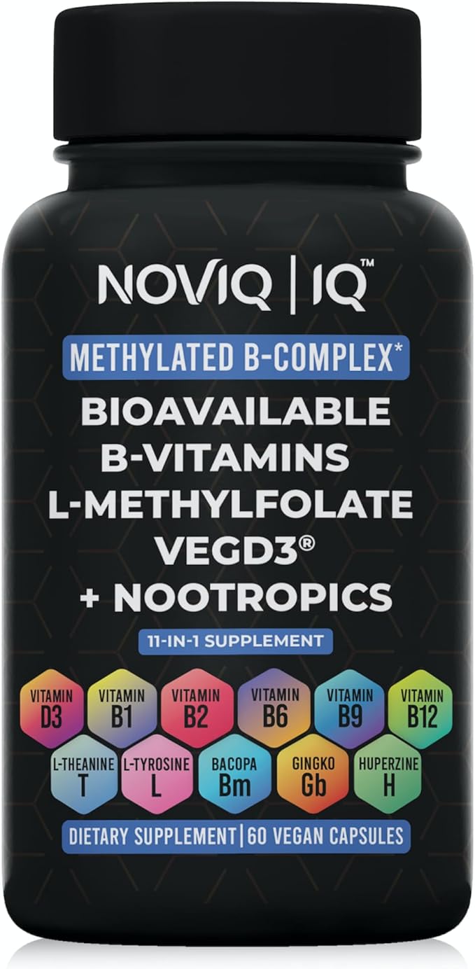 11-in-1 Methylated B-Complex Supplement: 680mcg L-Methylfolate(5-MTHF) Thiamine(B1) Riboflavin(B2) Pyridoxal(B6) Methylcobalamin(B12) - VegD3® + Nootropics - 1,100mg+ Serving - 60 Count