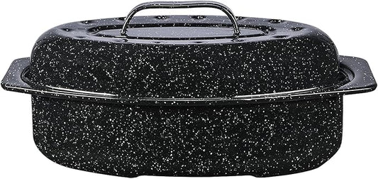 Granite Ware 13-inch oval roaster with Lid. Enameled steel design to accommodate up to 7 lb poultry/roast. Resists up to 932°F. Ideal for preparing meals for two!