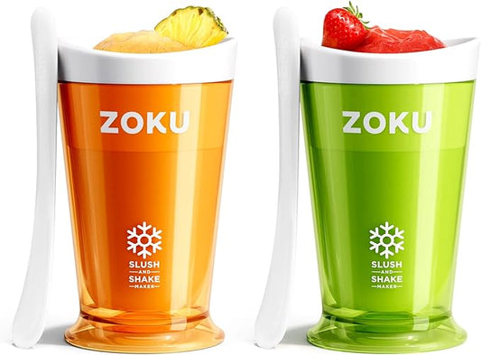 ZOKU Original Slush and Shake Maker, Compact Make and Serve Cup with Freezer Core Creates Single-Serving Smoothies, Slushies and Milkshakes in Minutes, BPA-Free, Green/Orange Set of 2