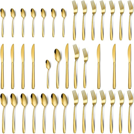 Hunnycook Gold Silverware Set - 40PCS Stainless Steel Silverware Set for 8, Includes Forks Spoons and Knives, Utensil Sets for Home Kitchen Restaurant, Dishwasher Safe