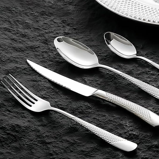 24 Pcs Flatware Set for 6 Persons, Stainless Steel Steak Knife Silverware Set Including Forks and Spoons for Home, Restaurant, Wedding, Party