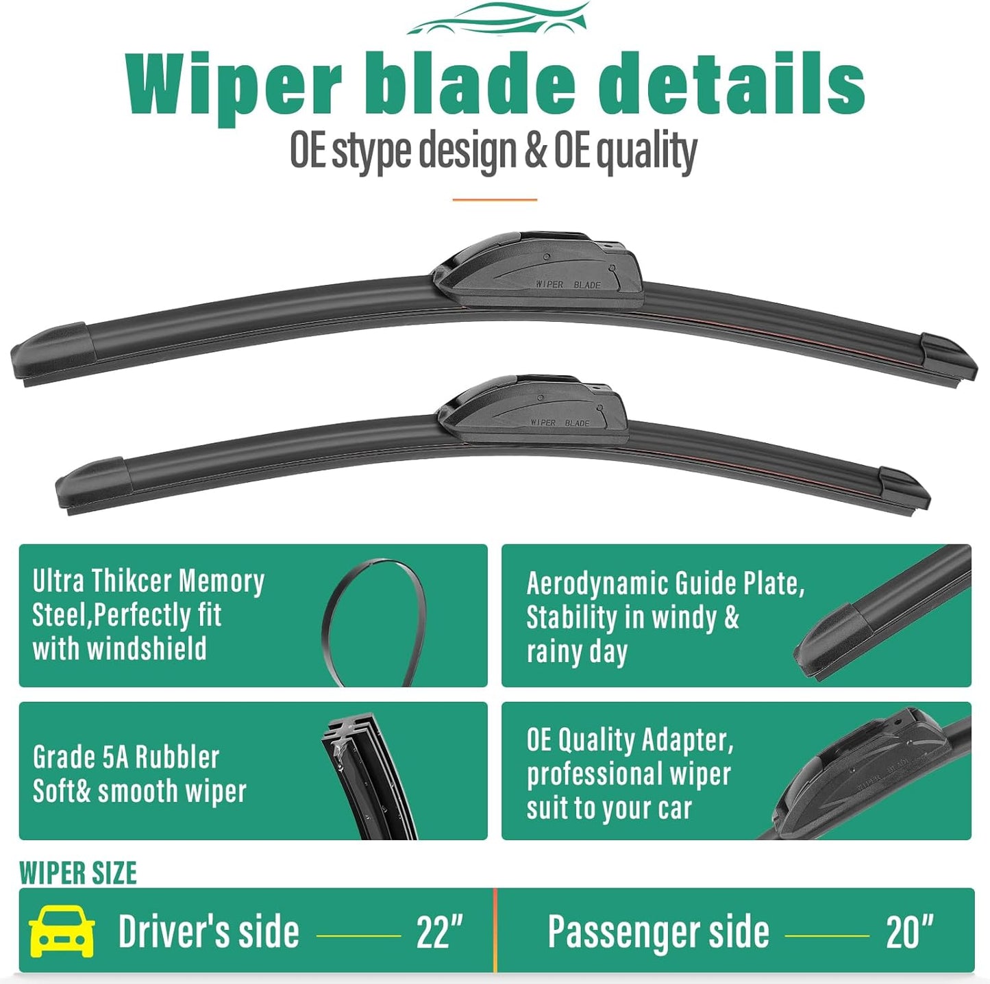 22" 20" 14" Windshield Wiper Blades Replacement for Scion xB 2008 2009 2010 2011 2012 2013 2014 2015 Premium All Weather Front Rear Wipers Set - OEM Quality (Pack of 3)