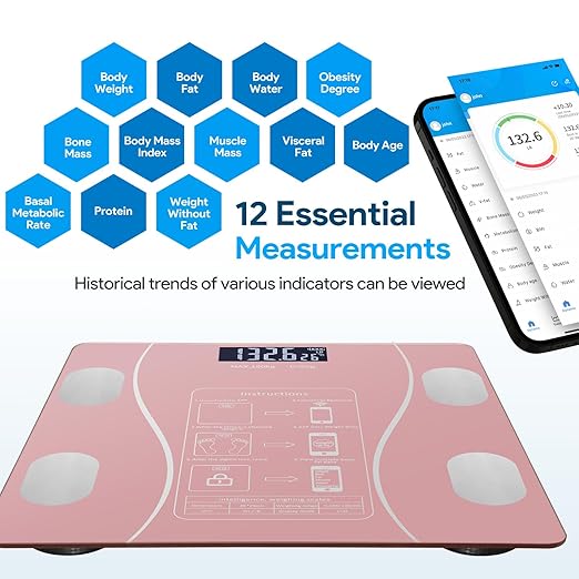 Smart Body Fat Scale with Led Display - Digital Bathroom Scale with Bluetooth, Accurate Body Composition Measurement, Muscle Mass, BMI, and Body Water Analysis - Pink