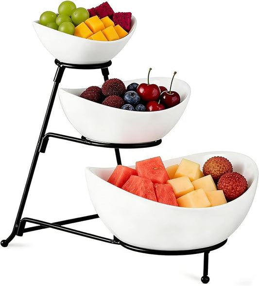 Gomakren 3 Tiered Oval Serving Bowl With Collapsible Metal Rack, Chip and Dip Serving Set, Dessert Appetizer, Candy, Fruit, Vegetable Bowl Set, Serving Bowls For Entertaining (Black Stand)