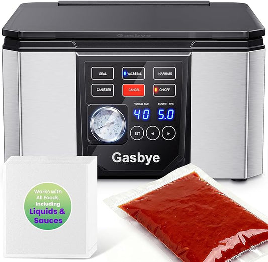 Gasbye Chamber Vacuum Sealer – 5.3QT Large Chamber, Replaceable 11.5" Sealing Bar with Double Seal, Perfect for Meats, Soups, Sauces & Liquids, Includes 30 Pre-Cut Vacuum Bags, Stainless Steel