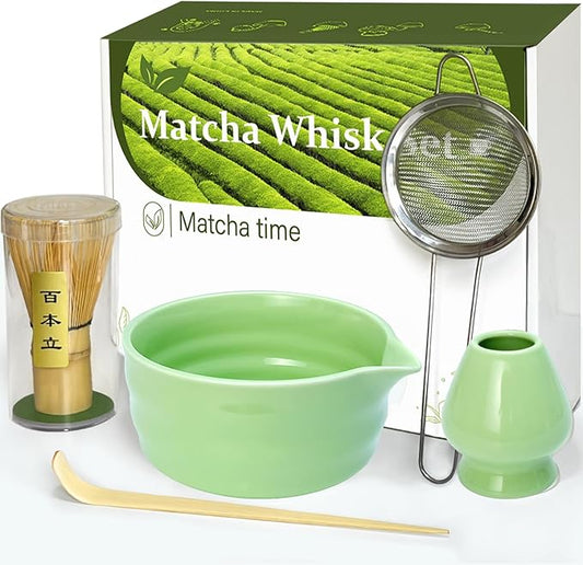 Vaiheng Matcha Whisk Set with Matcha Bowl, Matcha Whisk Holder Matcha Bamboo Whisk, Scoop, Sifter, Unique Gifts for Women Men Girl Friend Home Kitchen Decor（Light Green）