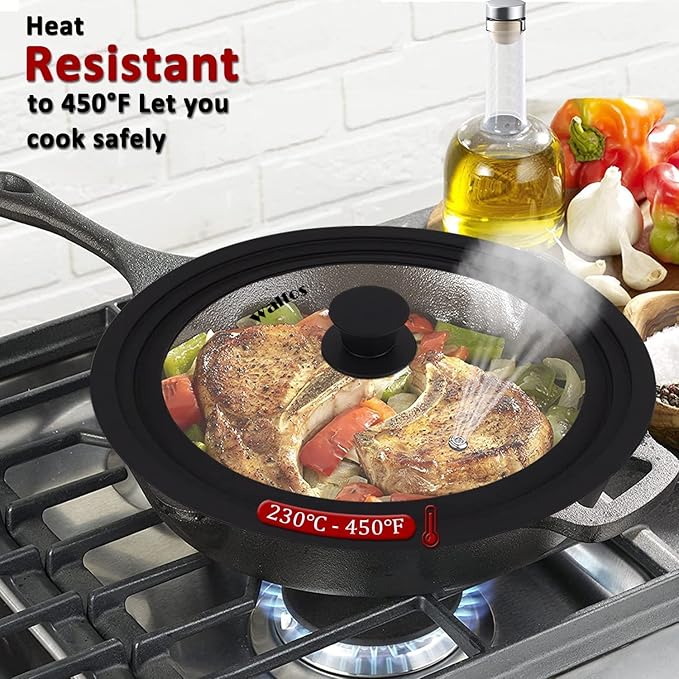 Walfos Universal Lid for 9", 10" and 10.5" Diameter Cookware, Fits Pots, Pans and Skillets - Walfos Tempered Glass Pan Lid with Heat Resistant Silicone Rim, BPA Free Pot Lids, Dishwasher-Safe, Black