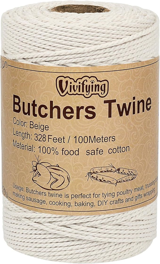 Vivifying Butchers Twine, 328 Feet 2mm Food Safe Cotton Bakers String for Tying Meat, Making Sausage, Trussing Turkey, Roasting, Cooking and Packing(Beige)