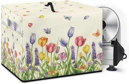 Cartoon Tulip Flower Print Meat Slicer Cover, Dust-proof Meat Slicer Machine for Home Compatible with Food Slicer Commercial,Fit for Elite for Standard Meat Slicer -16 L x 13 W x 13 H