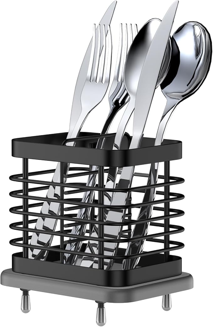 2 Slots Utensil Holder for Kitchen Counter, Small Stainless Steel Cutlery Holder Organizer with Drying Diatomaceous Earth Base, Utensil Drying Rack Spoon Fork Organizer Crock Storage, Black