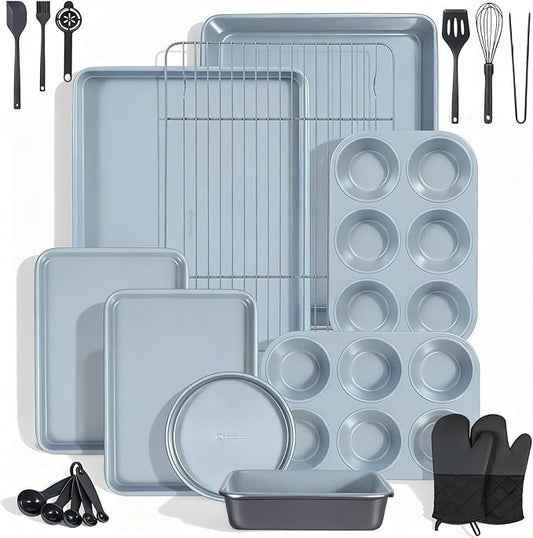 Ammeloo 22-Piece Baking Pans Set Stackable Bakeware Non Stick Baking Set Non Toxic Oven Pans, Including Roasting Pan, Cookie Sheets, Muffin Pans, Cake Pans, Oven Mitts and Utensils(Gray & Stone Black)
