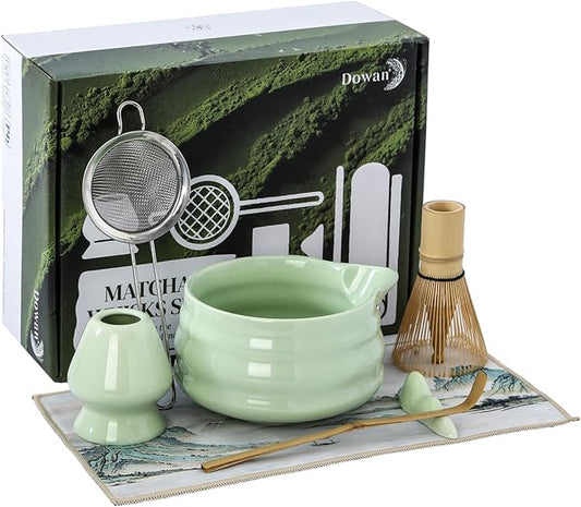 DOWAN Matcha Whisk Set, 7 Pcs Matcha Set Includes Bowl with Spout, Whisk and Holder, Bamboo Scoop and Holder, Sifter and Tea Towel - 7 Pcs Matcha Kit Gift for Lovers Beginners, Christmas (Green)