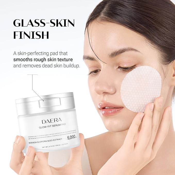 DAERA Glow-Fit Serum Pad, Dual-Sided Exfoliating & Hydrating Toner Pads for Pore Care and Dead Skin Removal with Moringa Seed & Hyaluronic Acid for Sensitive Skin, 60 Pads (190g, 6.70 fl. oz)
