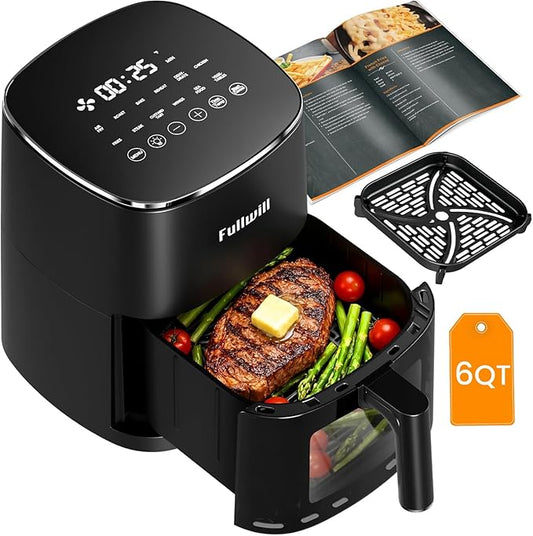 Fullwill Air Fryer with Viewing Window 6QT,12 Cooking Presets,AirFry,Roast,Bake,Reheat,Dehydrate, 1700W Fast Even Heating, Max 400°F, Nonstick Basket Dishwasher Safe,for Families and Party