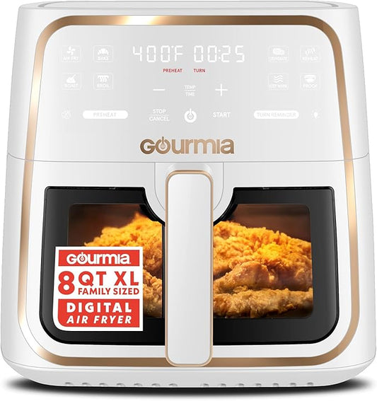 Gourmia 8 Qt Air Fryer, 8 Presets with Digital Display, FryForce 360° Technology, Easy View Window & Interior Light, Dishwasher Safe Basket, White