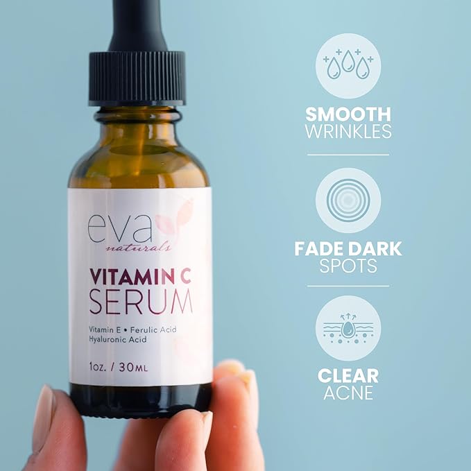 Eva Naturals Vitamin C Serum for Face - 20% Vit C with Hyaluronic Acid, Ferulic Acid & Vitamin E - Facial Serum for Dark Spots, Acne, Anti Aging, Glow & Even Skin Tone, 1 oz (Pack of 2)