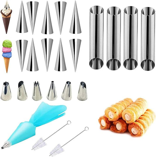 ABSOK Cannoli Tubes Cream Corner Molds, Stainless Steel Cream Roll Spiral Croissant Cone Molds, Cake Tool Kit With Ice Spout and Cleaning Brush (24 PCS)