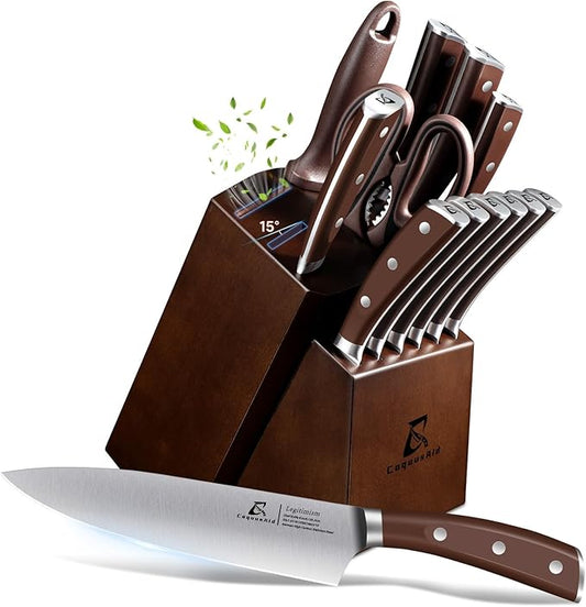 Knife Set, New 15° Beveled Easy Insert, 15 Pcs Kitchen Knife Block Set with Block and Sharpener, German Vacuum Oil Cooled Crafted, Countertop-Free Steak Knife Set, Stainless Steel Brown