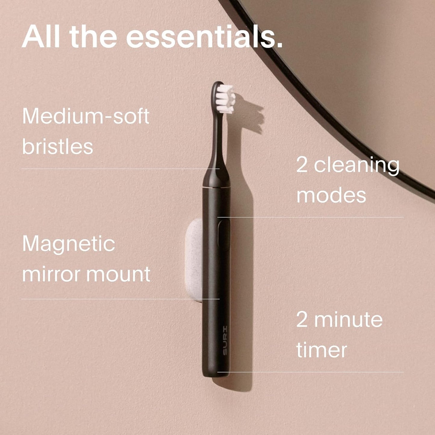 SURI 1.0 Sonic Electric Toothbrush | 40+Day Battery | Designed in California | Sustainable Electric Toothbrush for Adults | Travel Toothbrushes | Tooth Brush | Black