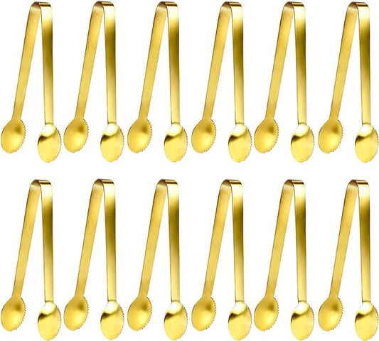 JCREN 12 Pcs Gold Tongs - Stainless Steel Serving Tongs for Food, Appetizers, Desserts - 4.9inch