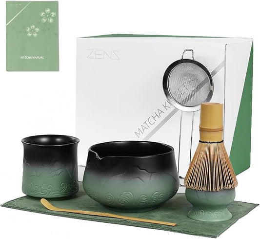 ZENS Matcha Whisk Set, 7pcs Matcha Kit Set with Ceramic Bowl and Matcha Cup, Bamboo Whisk & (Chasen Holder) Sifter, Scoop -Tea Towel, Japanese Chawan for Matcha-Making, Sage Green
