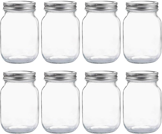 YINGERHUAN Glass Regular Mouth Mason Jars, 16 oz Clear Glass Jars with Silver Metal Lids for Sealing, Canning Jars for Food Storage, Overnight Oats, Dry Food, Snacks, Candies, DIY Projects (8PACK)