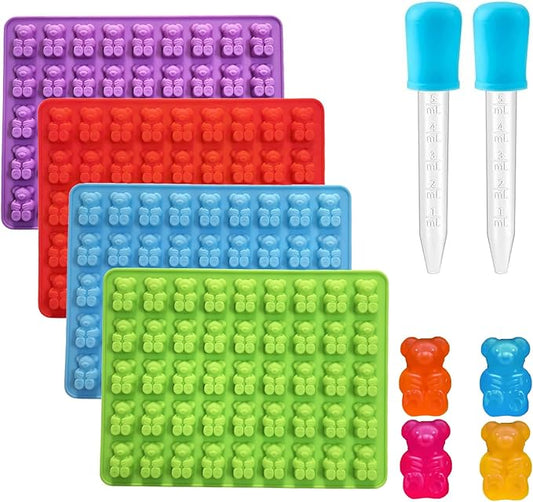 Gummy Candy Molds - 4Pcs Silicone Gummy Bear Molds With 2pcs Dropper,Non-stick and Bpa Free for Mini Candy Chocolate Gummies Baking
